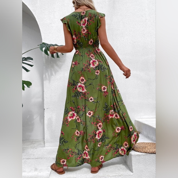 Boho VCAY Floral Print Ruffle Trim Slit Thigh Dress Size L Olive Without… - Picture 2 of 7